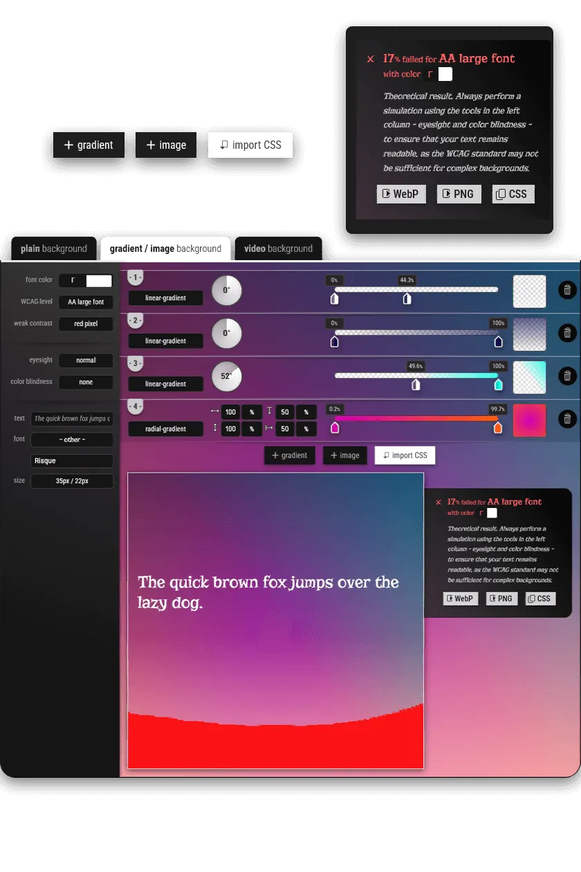 Test the accessibility of text colors on complex backgrounds, images, multilayered gradients.